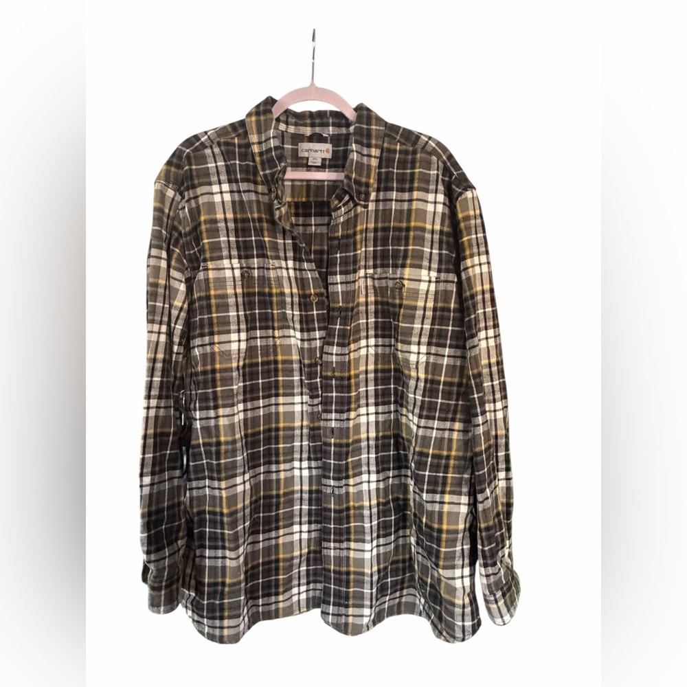Carhartt 2XL Plaid Flannel Shirt Gray Yellow Heavyweight Workwear Long Sleeve